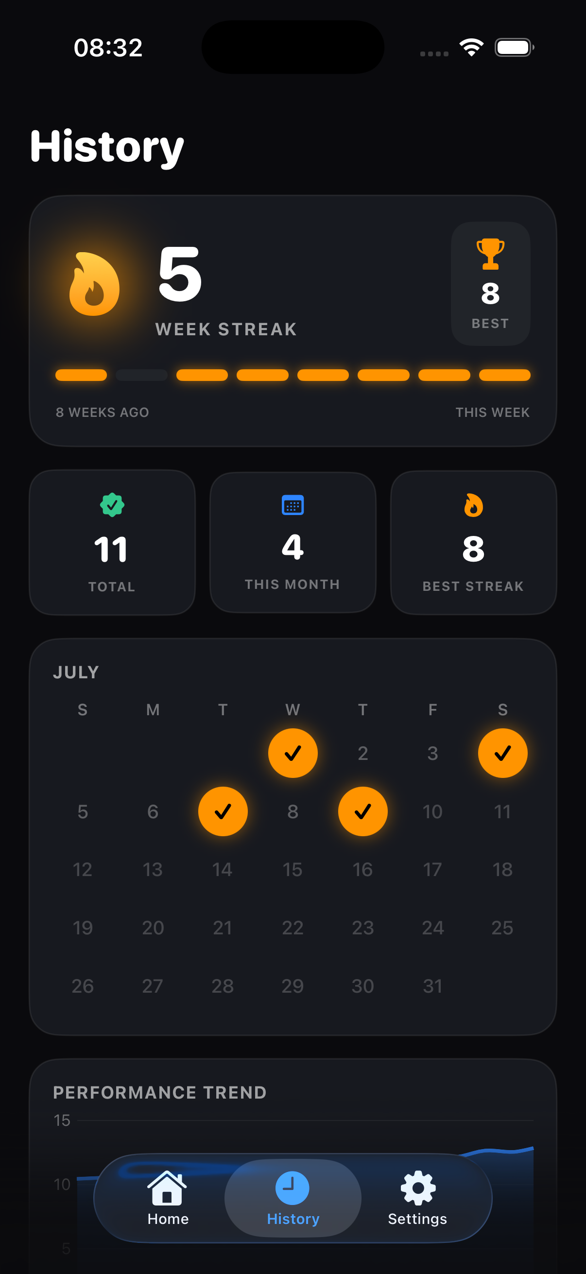 N4x4 history screen with workout calendar and milestones