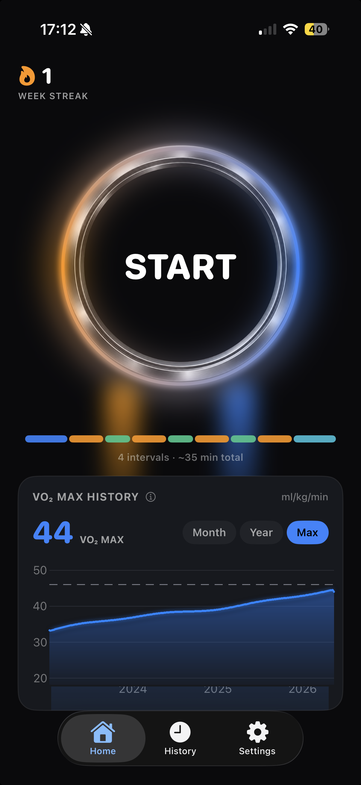 N4x4 home screen showing weekly streak and VO₂ max trend